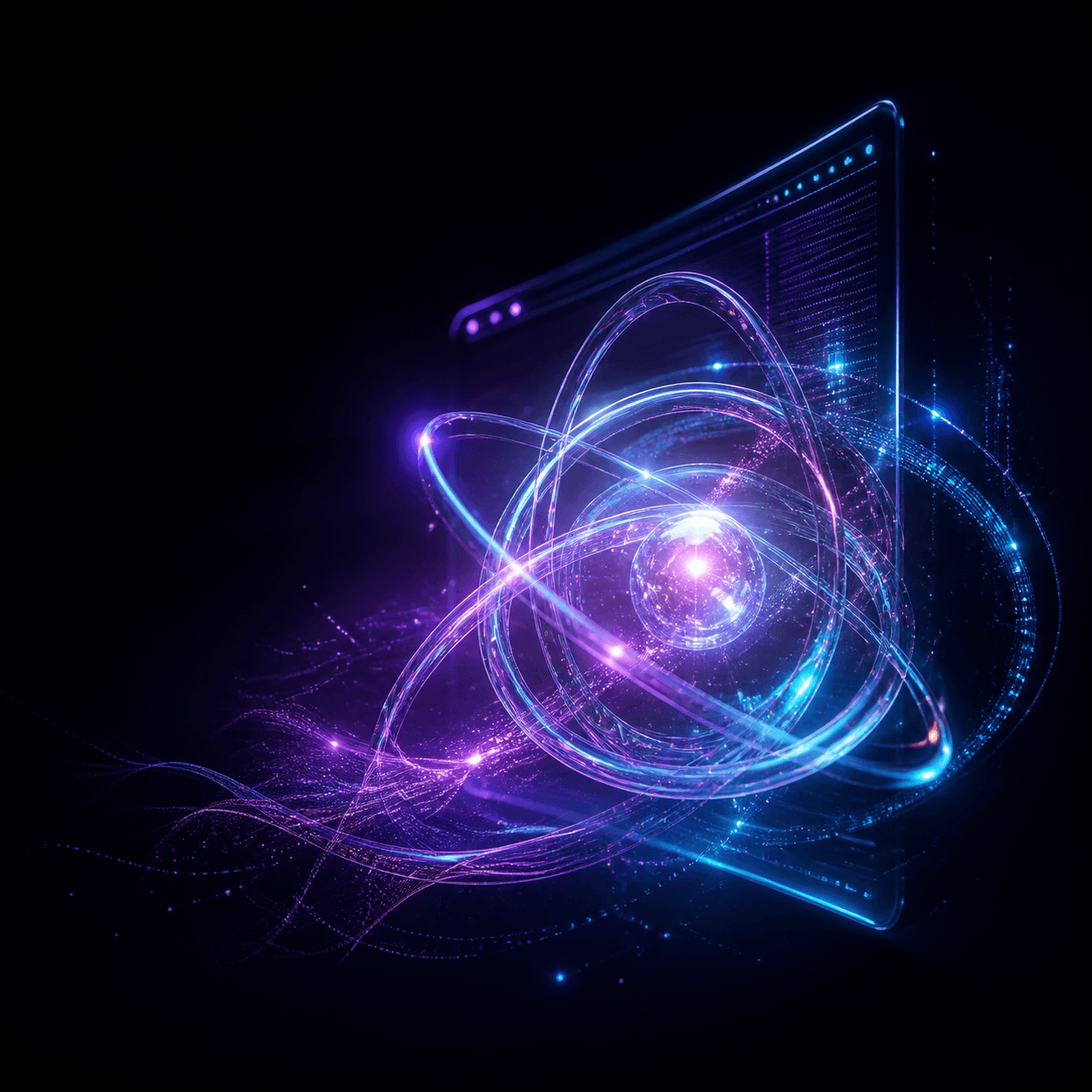 Abstract connected AI workspace with luminous orbital rings